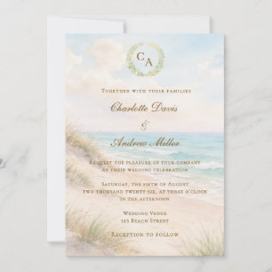 Beach coastal monogrammed wedding invitation