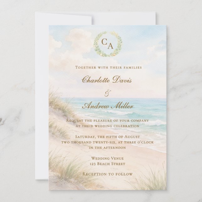 Beach coastal monogrammed wedding invitation (Front)