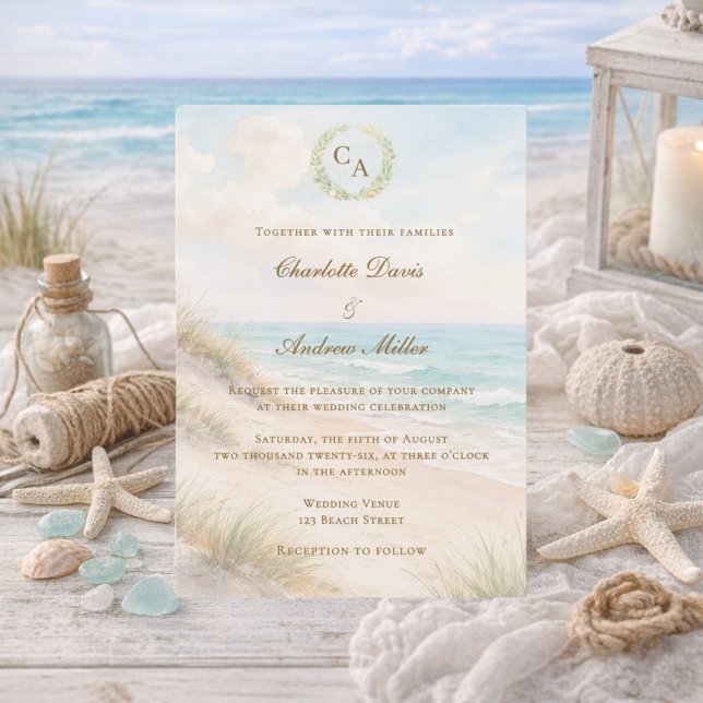 Beach coastal monogrammed wedding invitation (Creator Uploaded)