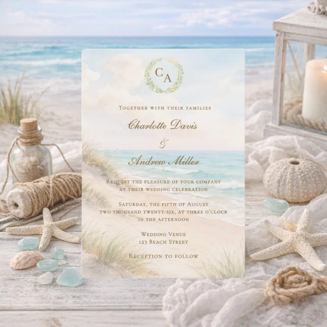 Beach coastal monogrammed wedding invitation | Zazzle