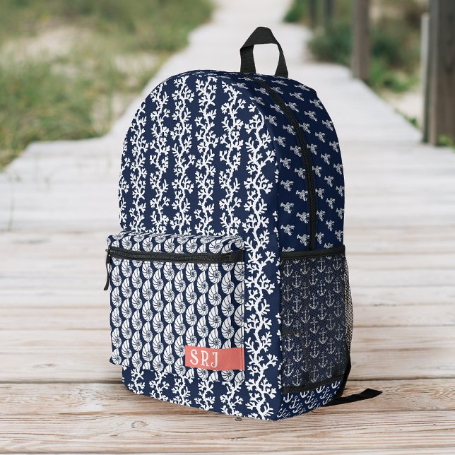 Beach Coastal Navy Blue White Coral Shell Monogram Printed Backpack (Creator Uploaded)