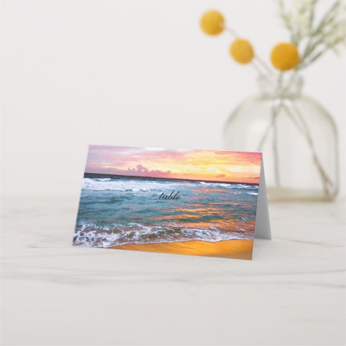 Beach Coastal Ocean Sunset Waves Wedding Place Card