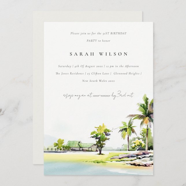 Beach Coastal Palm Tree Any Age Birthday Invite (Front/Back)