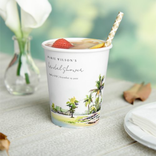 Beach Coastal Palm Trees Watercolor Bridal Shower Paper Cups