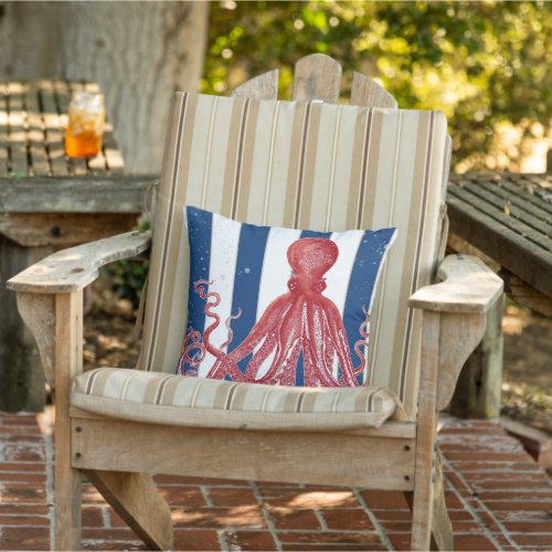 Beach Coastal Red Octopus Modern Striped Vintage Outdoor Pillow