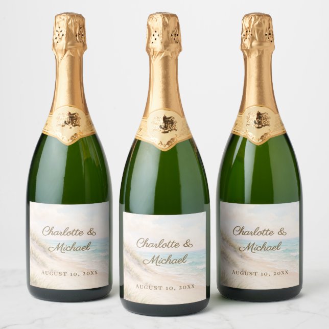 Beach coastal romantic seascape wedding sparkling wine label (Bottles)