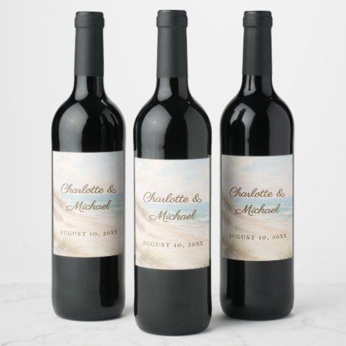 Beach coastal romantic seascape wedding wine label