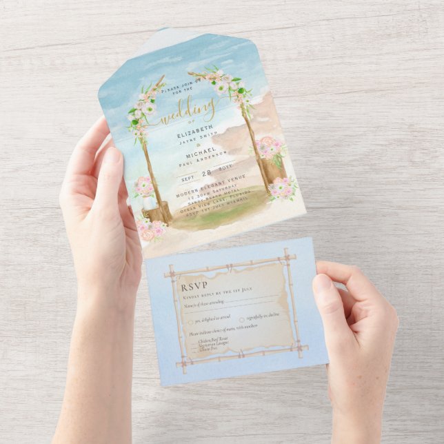 Beach Coastal Rustic Boho Wedding RSVP MENU All In All In One Invitation (Tearaway)