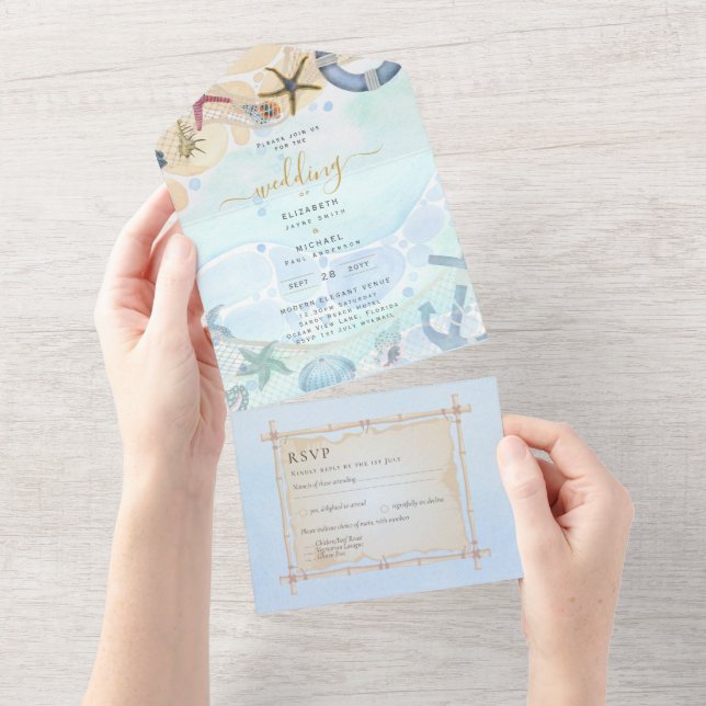 Beach Coastal Rustic Boho Wedding RSVP MENU All In One Invitation (Tearaway)