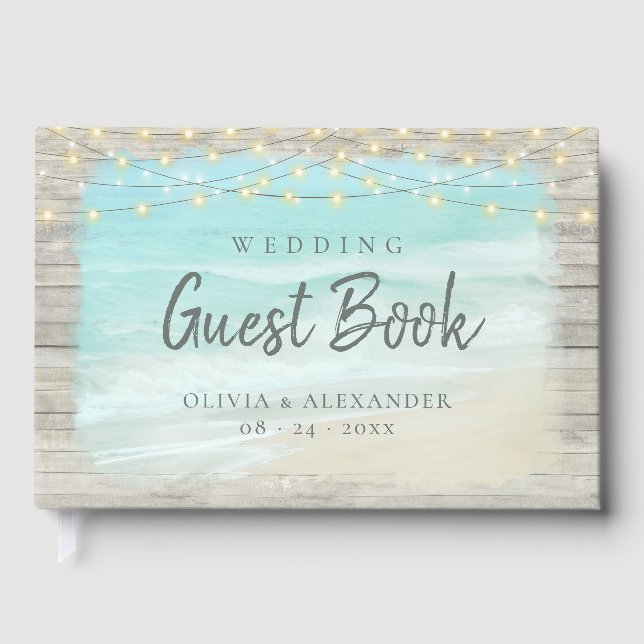 Beach Coastal Rustic Wood String Lights Wedding  Guest Book (Front)