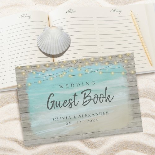 Beach Coastal Rustic Wood String Lights Wedding  Guest Book