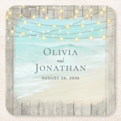 Beach Coastal Rustic Wood String Lights Wedding  Square Paper Coaster