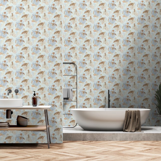 Beach Coastal Seahorse Sea Turtle Starfish Blue Wallpaper (Bathroom)