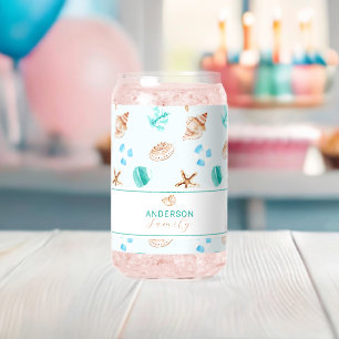 Beach Coastal Seashells Family Name Custom Can Glass
