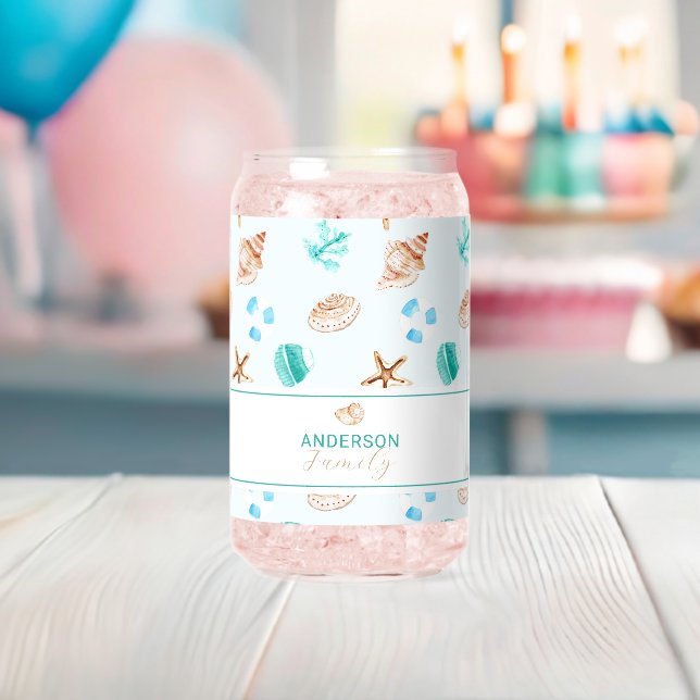 Beach Coastal Seashells Family Name Custom Can Glass (Insitu (Baby Shower))