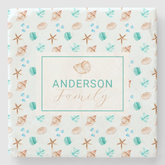 Beach Coastal Seashells Family Name Custom Stone Coaster (Front)