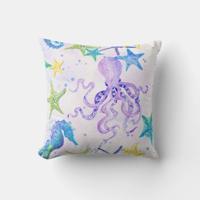 Beach Coastal Seashore Octopus Seahorse Starfish Throw Pillow (Front)