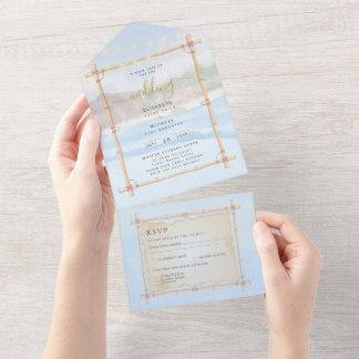 Beach Coastal Strings Lights Wedding RSVP MENU All In One Invitation