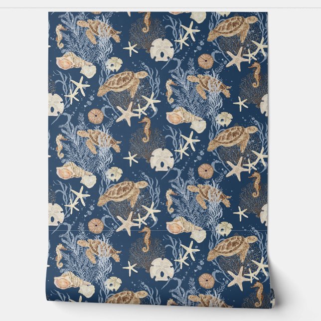Beach Coastal Underwater Sea Turtle Starfish Navy Wallpaper (Unrolling)
