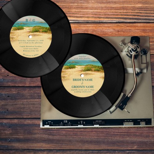 Beach Coastal Vinyl Music Record Wedding Invitation