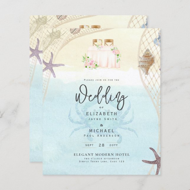 Beach Coastal Wedding Invitation Sand Ocean Life (Front/Back)