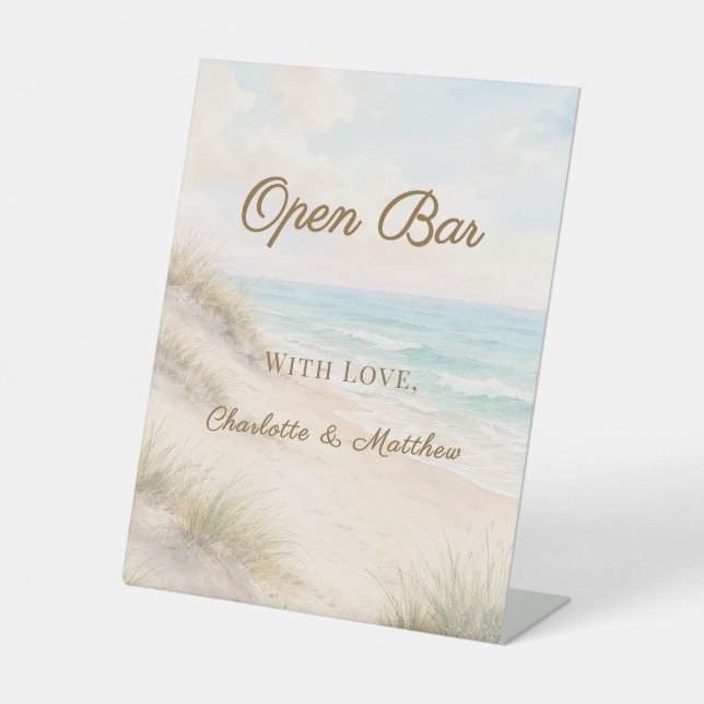 Beach coastal wedding Open Bar Pedestal Sign (Front)
