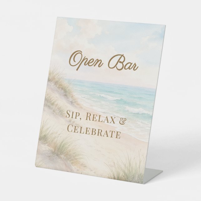 Beach coastal wedding Open Bar Pedestal Sign (Front)
