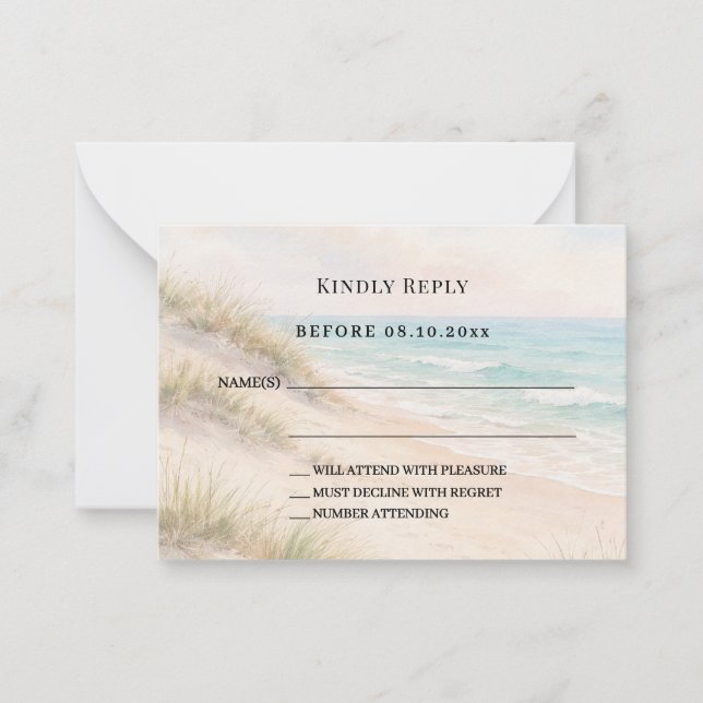 Beach coastal wedding response RSVP Note Card (Front)