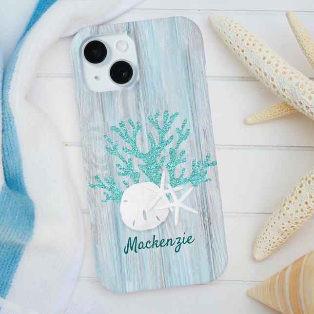 Beach Coastal Wood Aqua Glitter Custom  Case-Mate iPhone Case (Creator Uploaded)