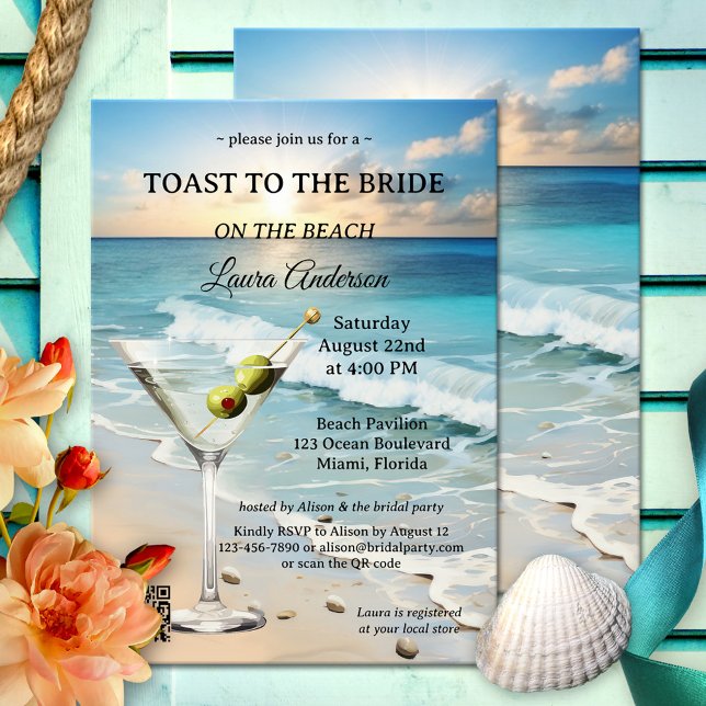 Beach Cocktail  Bridal Shower Invitation (Bridal shower invitation featuring a watercolor beach at sunset with cocktail drink and QR code )