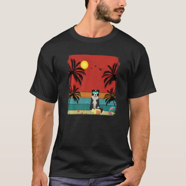 Beach Coconut Tree Retro Border Collie Dog  Summer T-Shirt (Front)