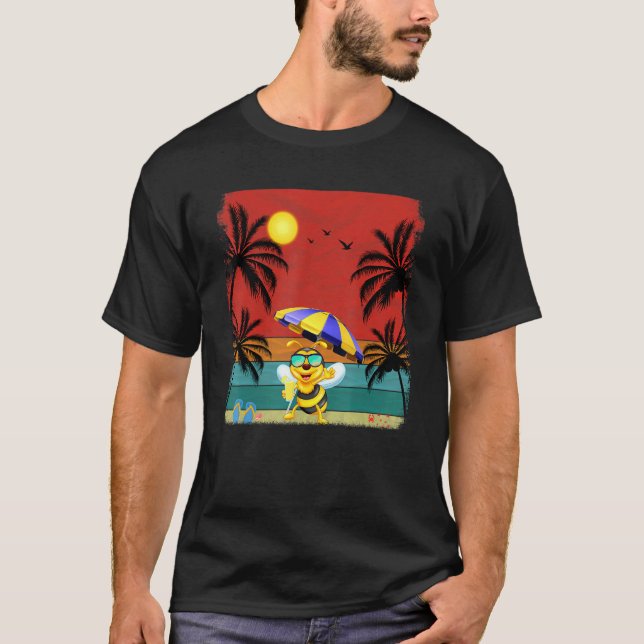 Beach Coconut Tree Retro Graphic Bee  Summer T-Shirt (Front)