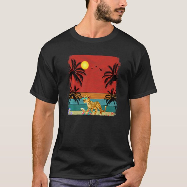 Beach Coconut Tree Retro Graphic Jaguar  Summer T-Shirt (Front)