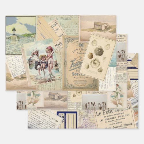 Beach Collage French Vintage Seaside Postcard Wrapping Paper Sheets