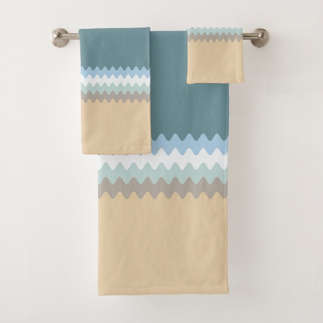 Beach Color- Light Brown Sand Beige Turquoise Blue Bath Towel Set (Insitu)