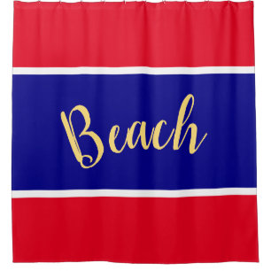 BEACH Colorful Royal Blue Bright Red White Stripes Shower Curtain
