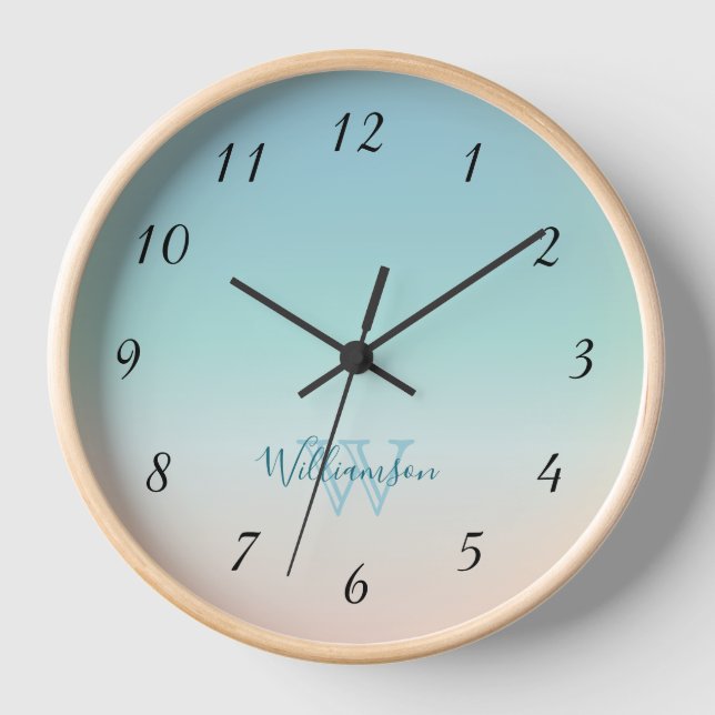 Beach Colors Minimal | Coastal Turquoise Monogram Clock (Front)