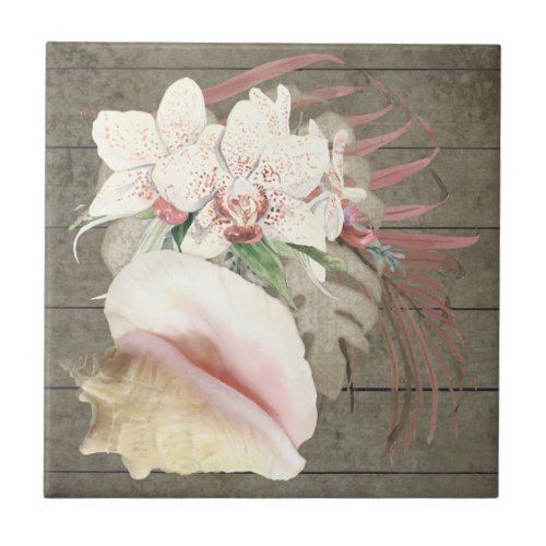 Beach Conch Seashell Tropical Orchid Floral Wooden Ceramic Tile