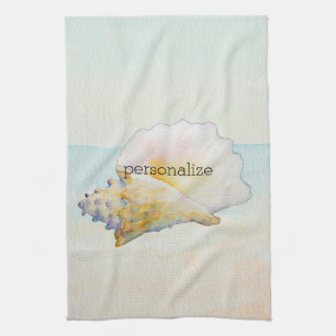 Beach Conch Shell Blue Ocean Watercolor Towel