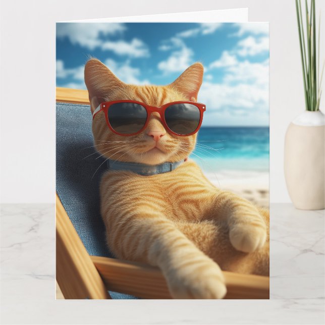BEACH COOL CAT BIRTHDAY GREETING CARD (Front)
