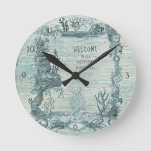 Beach Coral Coastal Ocean Life Vintage Rustic Wood Round Clock