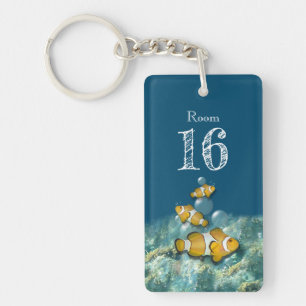 Beach coral reef clown fish DIY room number blue Keychain
