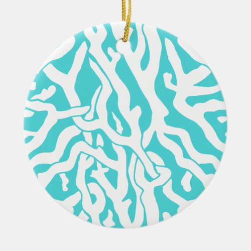 Beach Coral Reef Pattern Nautical White Blue Ceramic Ornament