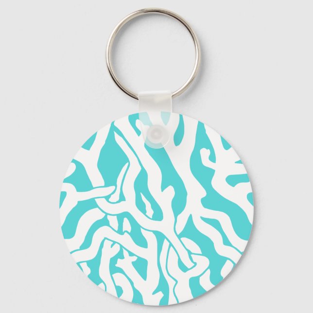 Beach Coral Reef Pattern Nautical White Blue Keychain (Front)