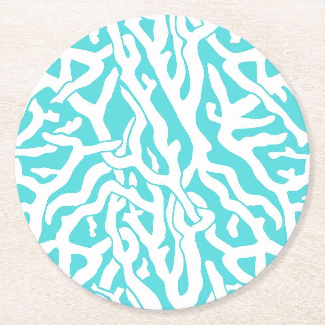 Beach Coral Reef Pattern Nautical White Blue Round Paper Coaster (Front)