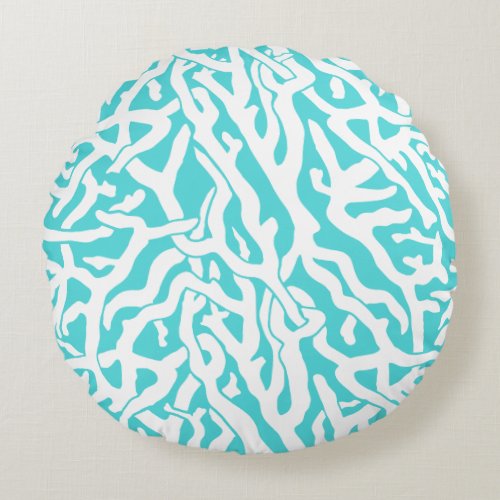 Beach Coral Reef Pattern Nautical White Blue Round Pillow