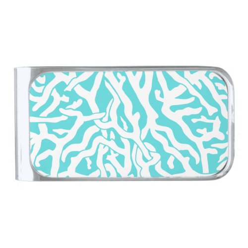 Beach Coral Reef Pattern Nautical White Blue Silver Finish Money Clip