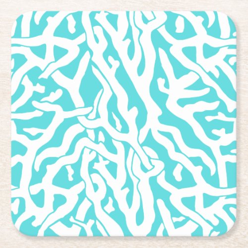 Beach Coral Reef Pattern Nautical White Blue Square Paper Coaster