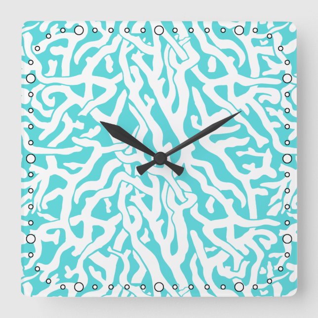 Beach Coral Reef Pattern Nautical White Blue Square Wall Clock (Front)