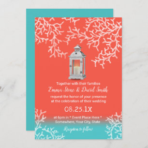 Beach Coral Reef & Rustic Lantern Wedding Invitation